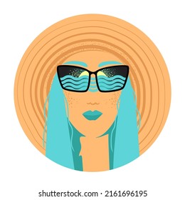 Beautiful summer woman. Vacation. Girl with hat big wide brim and sunglasses with sea view. Sketch vector illustration