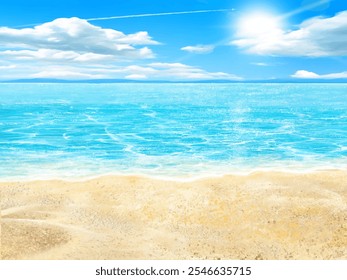 A beautiful summer-themed frame illustration featuring a blue sky with clouds and the sun, along with shimmering sea waves-beautiful beach side.