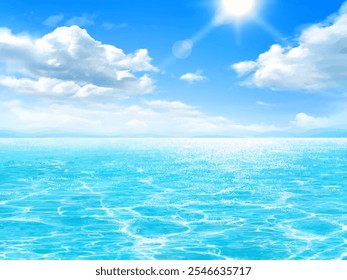 Una hermosa ilustración de marco con temática de verano que presenta un cielo azul con nubes y el sol, junto con brillantes olas de mar, hermoso lado de la playa.