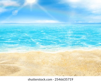 A beautiful summer-themed frame illustration featuring a blue sky with clouds and the sun, along with shimmering sea waves-beautiful beach side.