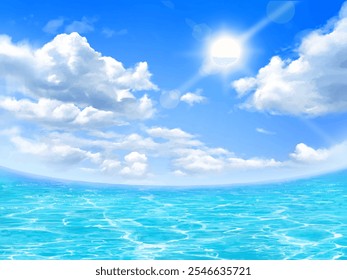 A beautiful summer-themed frame illustration featuring a blue sky with clouds and the sun, along with shimmering sea waves-beautiful beach side.