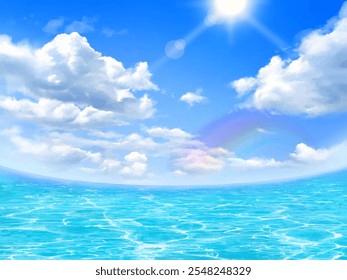 A beautiful summer-themed frame illustration featuring a blue sky with clouds and the sun, along with shimmering sea waves-beautiful beach side.