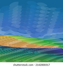 Beautiful summertime landscape. Scene vector illustration design. Field of flowers and cultivated plants. Perfect for banners, packaging printing, clothing, corporate identity