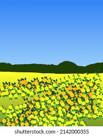 Beautiful summertime landscape. Scene vector illustration design. Field of flowers and cultivated plants. Perfect for banners, packaging printing, clothing, corporate identity