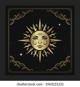 Beautiful sun face with engraving, hand drawn, luxury, celestial, esoteric, boho style, fit for spiritualist, religious, paranormal, tarot reader, astrologer or tattoo vector