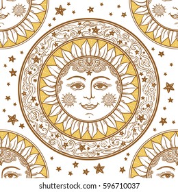 Beautiful  sun face with stars medallion ornament. Ethnic,mystic tribal decorative and detailed pattern. Vintage ornate vector wallpaper, decorative vector art.
