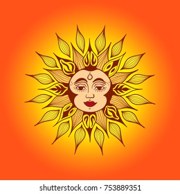 Beautiful sun face symbol, handdraw line art style illustration.
