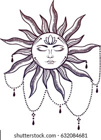 Beautiful sun face symbol with lotus flower. Vector illustration.
