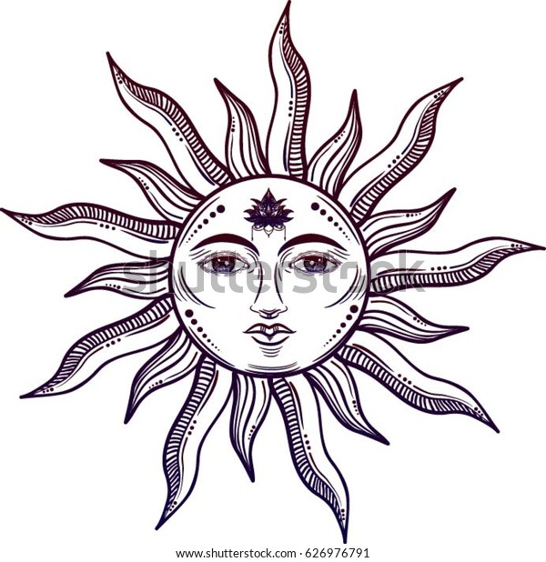 蓮の花を持つ美しい太陽の顔のシンボル ベクターイラスト のベクター画像素材 ロイヤリティフリー 626976791