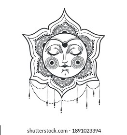 Beautiful sun with female face, jewelry and mandala ornament, bohemian design, tattoo. Linear hand drawing isolated on white background, vector illustration