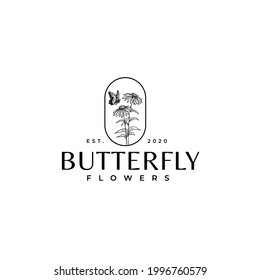 Beautiful Sun Flower With Butterfly Drawing Logo Vector Illustration Template Icon Design