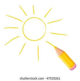 Beautiful sun hand-drawn with a colored pencil. Vector illustration.