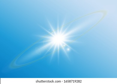 Beautiful sun with many different flares and sparkles, rainbow halo, on blue sky background