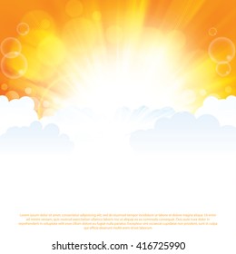 Beautiful sun ray in the clouds orange background 