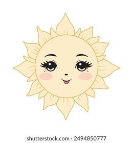 Eine schöne Sonne mit Strahlen, gezeichnet in einem Cartoon-Stil für Kinder.