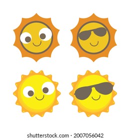 Beautiful sun sticker with a round shape and yellow color. Cute sun with a smiling face and cool sunglasses. Sunray coming out from sun vector design. Sun vector social media sticker collection.