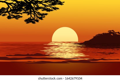 Beautiful sundown in beach with tree silhouette