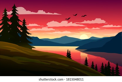 Beautiful sundown scenery with lake