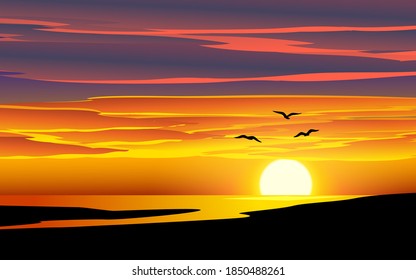 Beautiful sundown vector landscape with birds