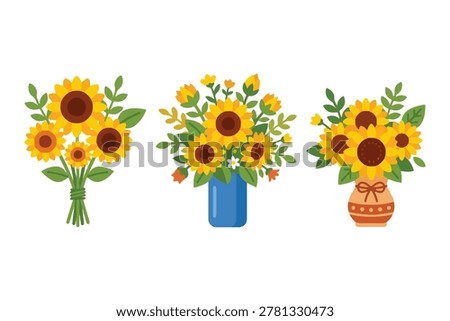 Beautiful Sunflower Bouquet Vector Set, Sunflowers in Ceramic Vases and Pots, Summer Floral Arrangement Illustrations