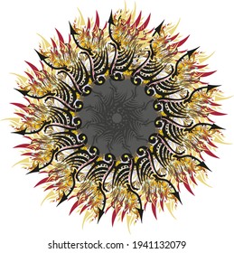 Beautiful sunflower with elements of arrows on white. Feather elements, black arrows, golden and floral motifs formed sunflower  for backgrounds and textures, prints, cards, textiles, wallpaper, etc.