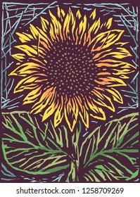 Beautiful Sunflower Engrave Cartoon Style Illustration