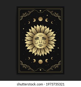 Beautiful sunflower face, with engraving, hand drawn, luxury, celestial, esoteric, boho style, fit for spiritualist, religious, paranormal, tarot reader, astrologer or tattoo vector