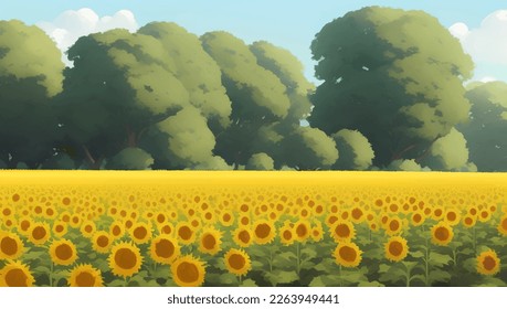 Beautiful Sunflower Field During The Day with Trees Detailed Hand Drawn Painting Illustration