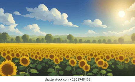 Beautiful Sunflower Field During The Day with Trees Detailed Hand Drawn Painting Illustration