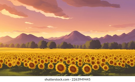 Beautiful Sunflower Field During Dusk or Dawn with Trees, Mountains, and Hills Detailed Hand Drawn Painting Illustration
