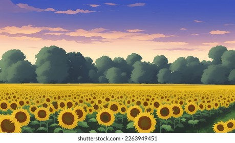 Beautiful Sunflower Field During Dusk or Dawn with Trees Detailed Hand Drawn Painting Illustration