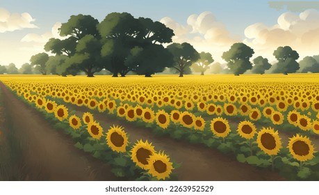 Beautiful Sunflower Field During Dusk or Dawn with Trees Detailed Hand Drawn Painting Illustration