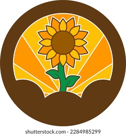 Beautiful sunflower logo with sun rays behind it
