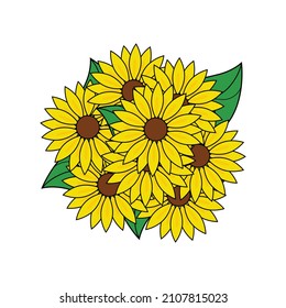 Beautiful sunflowers bouquet graphic design on white background.
