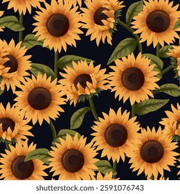 Beautiful sunflowers seamless pattern on black background 