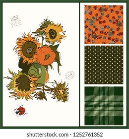 Beautiful sunflowers and three seamless backgrounds, autumn  motives, plaid, lady bugs, polka dots, red, green colors. Ideal for  holidays greeting card