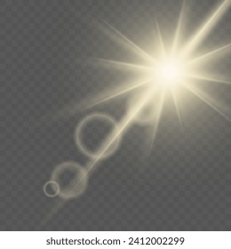 Beautiful sunlight with reflections on a transparent background. Vector illustration. Transparent yellow sunlight special lens flash light effect.