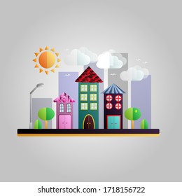 Beautiful sunny city with buildings and houses with trees and lanterns and cars on the road in a flat style.