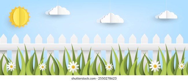 A beautiful sunny day characterized by green grass and fluffy clouds floating in a bright blue sky