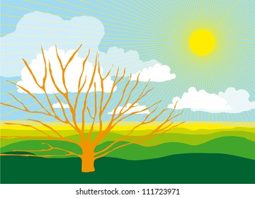 Beautiful Sunny Landscape with Big Shining Sun and a Tree Silhouette