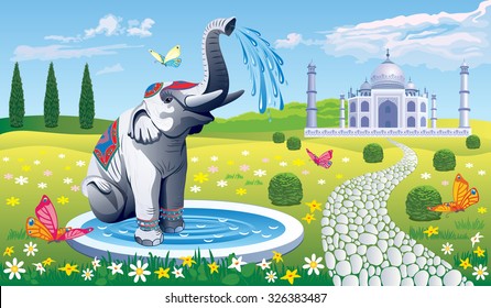 Beautiful sunny landscape with a fountain and elephant