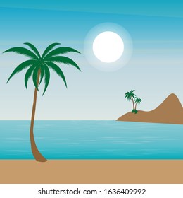 beautiful sunrise beach with blue sea mountain and palm trees
