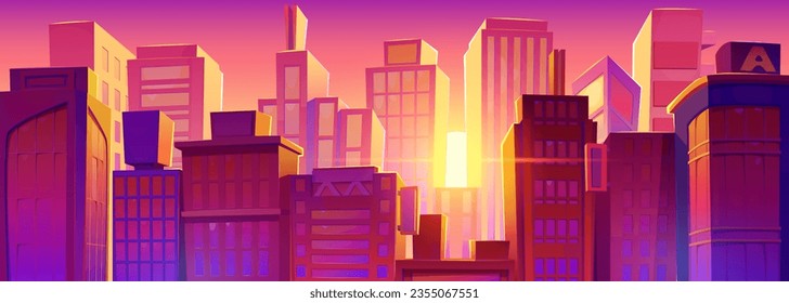 Beautiful sunrise behind modern city buildings. Vector cartoon illustration of early morning urban landscape with apartment and office skyscrapers, pink sky with bright sun. Cityscape background