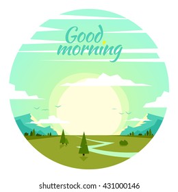 Beautiful sunrise in cartoon style.