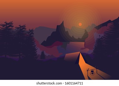 Beautiful sunrise dawn scene nature landscape view of mountain, hiker or adventurer camping outside, away from city, relaxing and enjoying natural environment, vector illustration eps10.