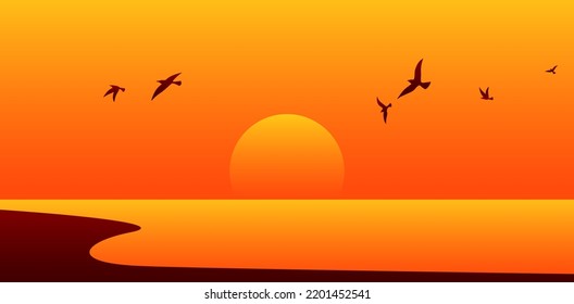 Beautiful sunrise horizontal illustration. Sunset travel poster. Red light sundown view. Tourism yellow banner. Ocean horizon scene. Empty sky