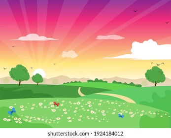 beautiful sunrise landscape green trees flower butterflies vector