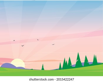 beautiful sunrise landscape green trees hill vector