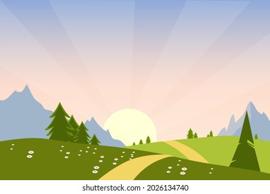 beautiful sunrise landscape green trees flower  vector