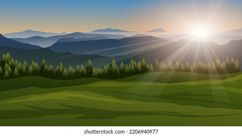 Beautiful sunrise landscape in mountain with sunbeam, mountains and forest. Vector morning nature landscape